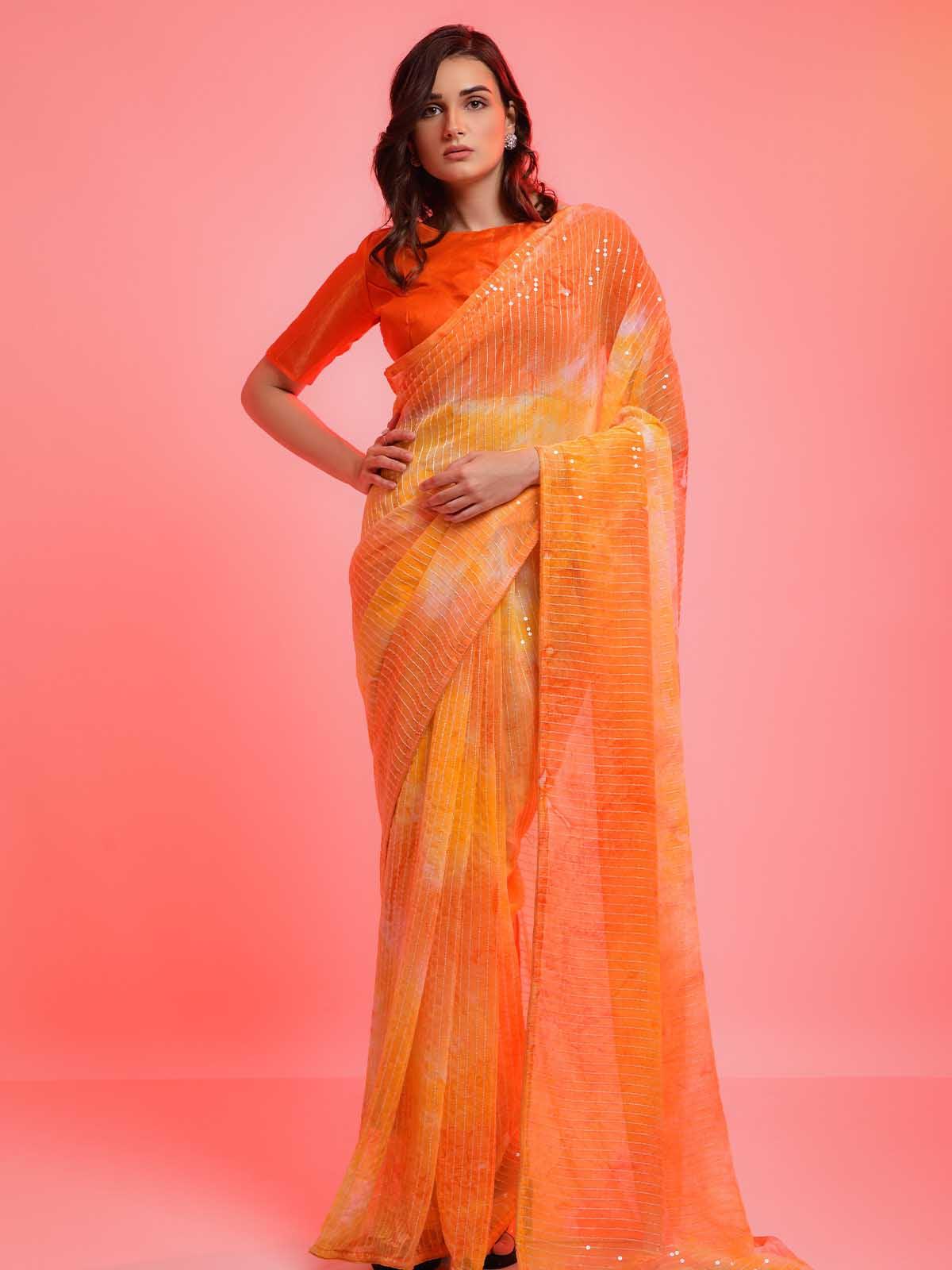 Orange Chiffon With Sequence Work Sequence Saree - Odette