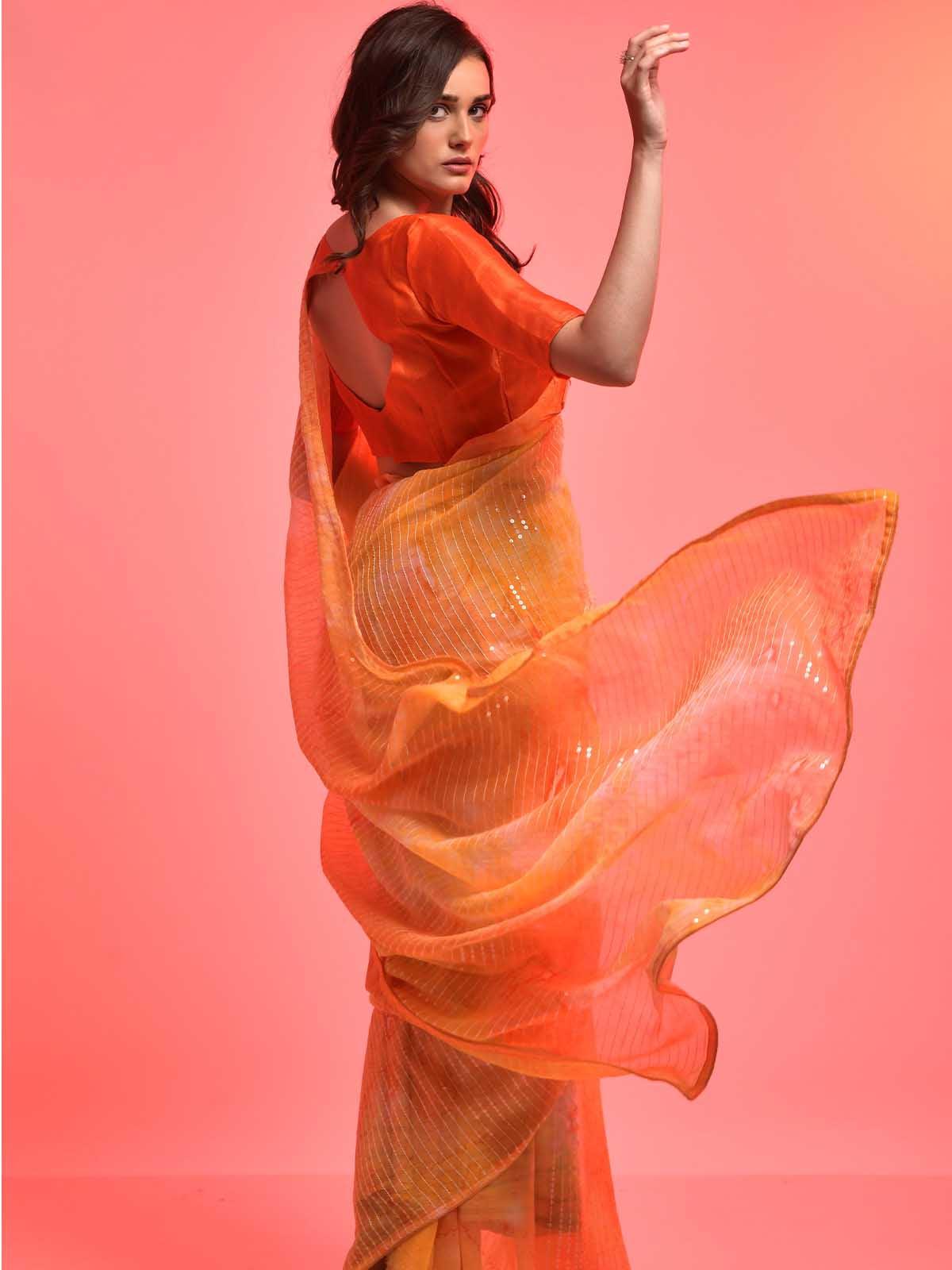 Orange Chiffon With Sequence Work Sequence Saree - Odette