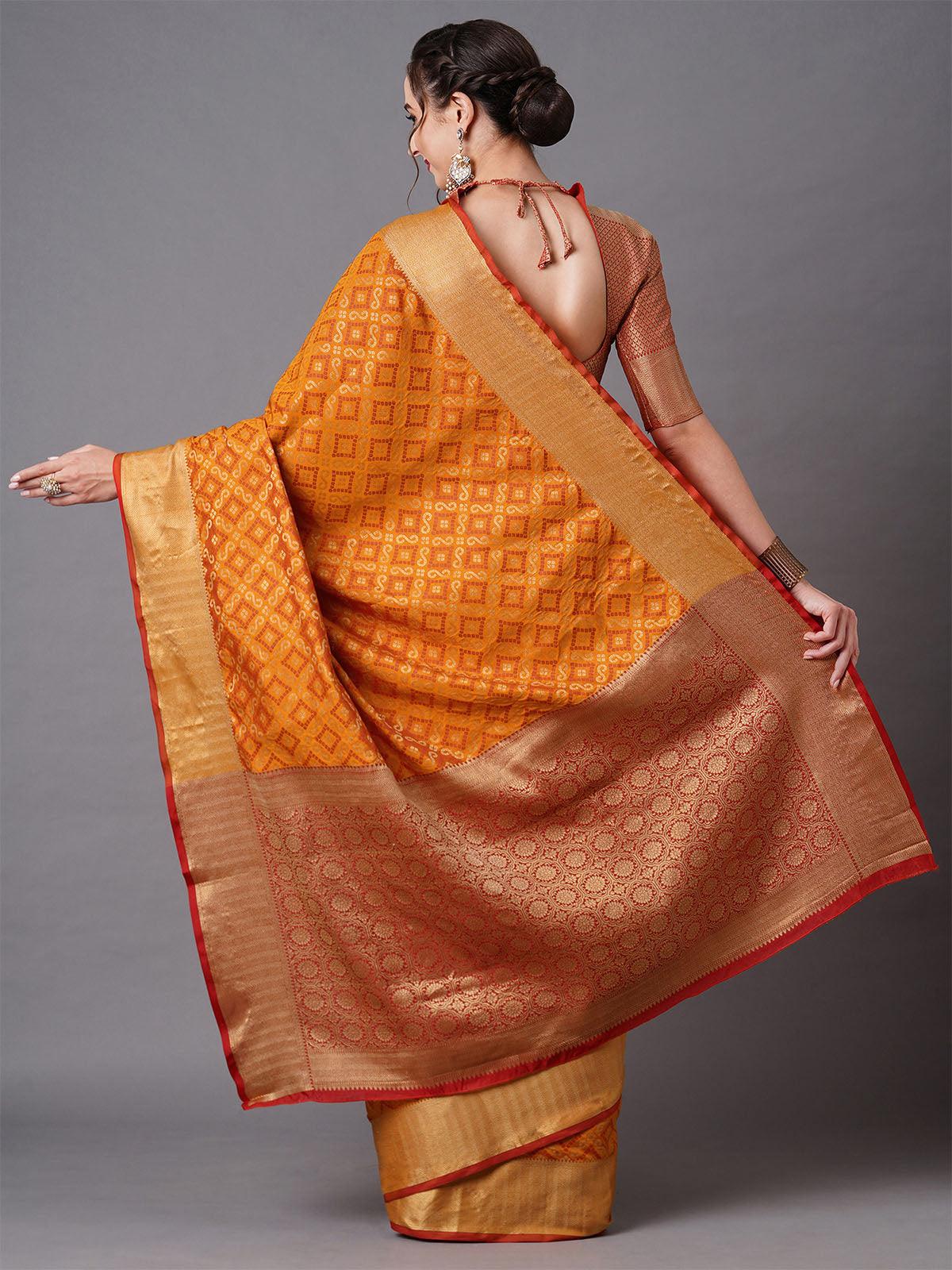 orange Festive Silk Blend Geometric Saree With Unstitched Blouse - Odette