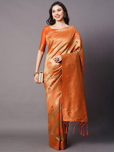 Orange Festive Silk Blend Woven Design Saree With Unstitched Blouse - Odette
