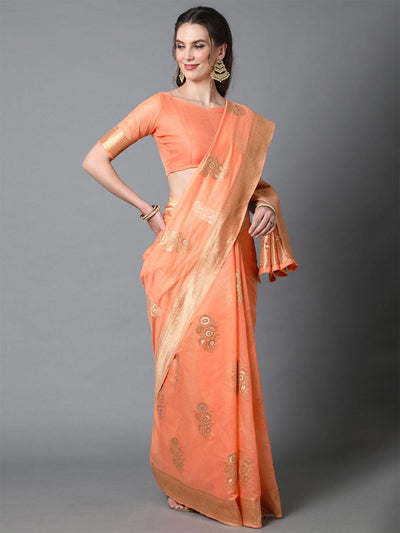 Orange Festive Silk Blend Woven Design Saree With Unstitched Blouse - Odette