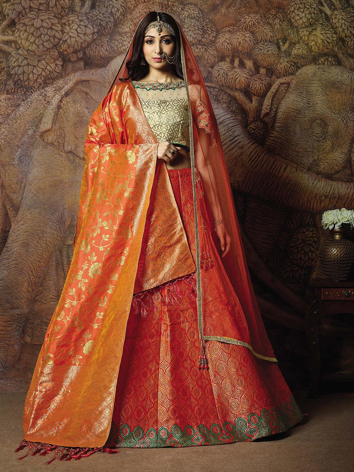 Orange Jacquard weaved silk Designer Lehenga Choli. - Odette