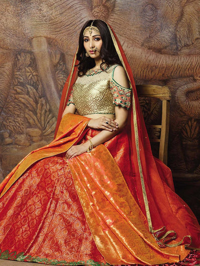 Orange Jacquard weaved silk Designer Lehenga Choli. - Odette