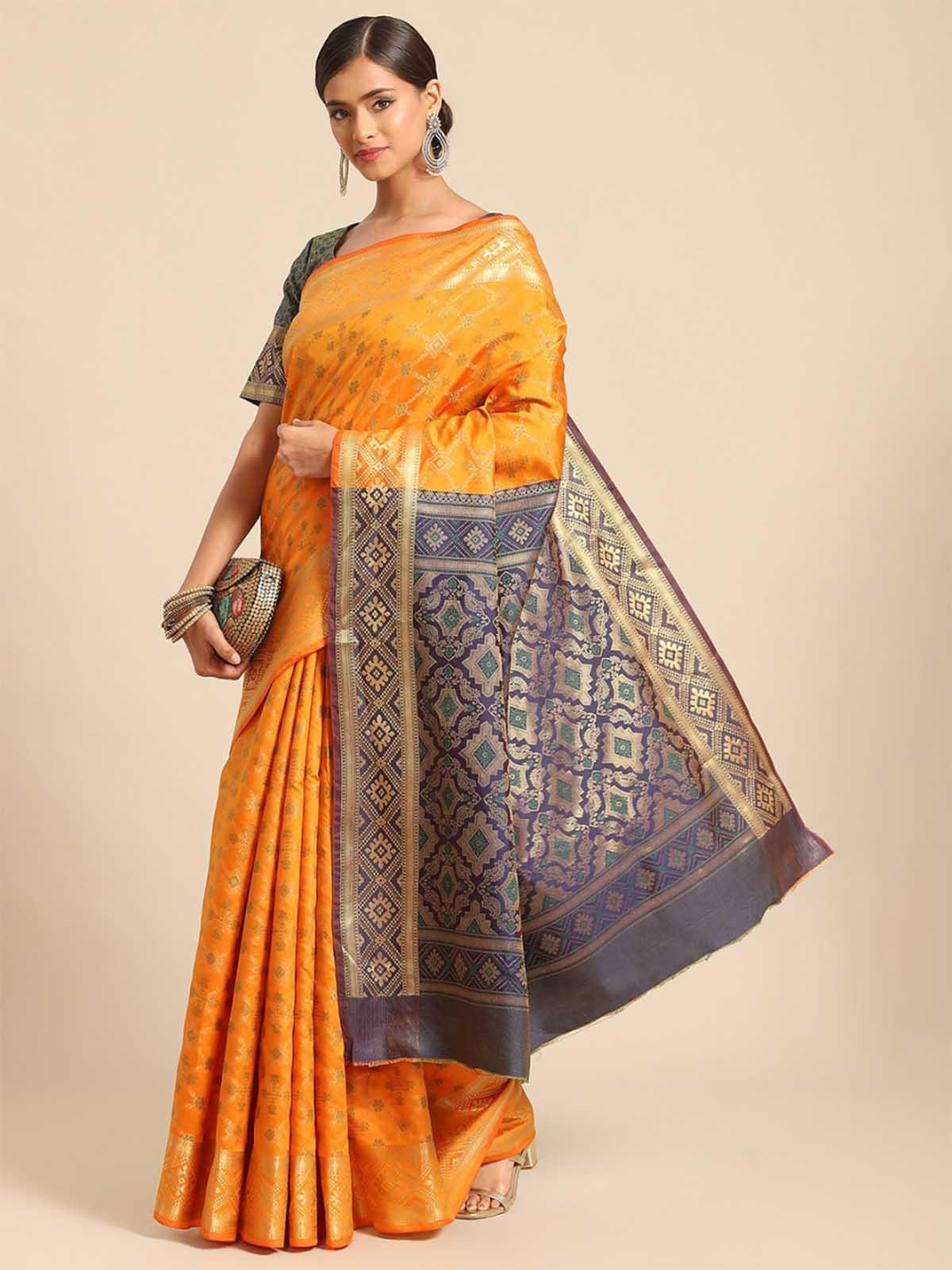 Orange Silk Blend Printed Saree - Odette