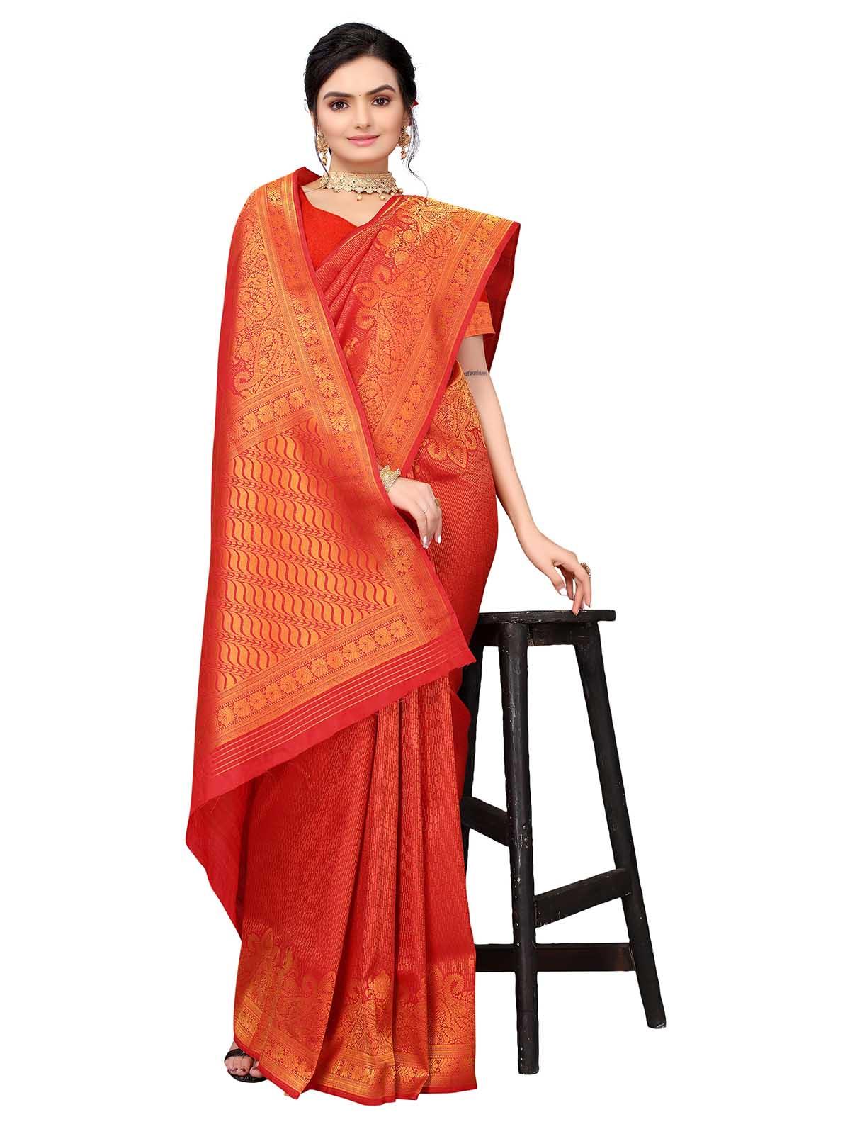 Orange Silk Blend Woven Saree With Blouse - Odette