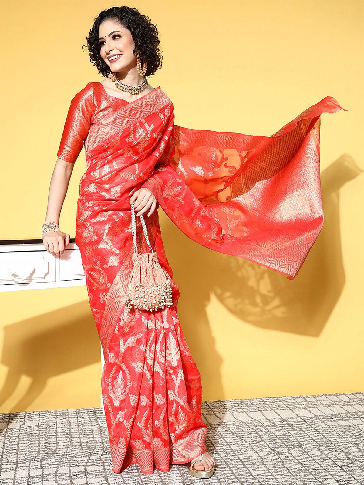 Organza Red Woven Designer Saree With Blouse Piece - Odette