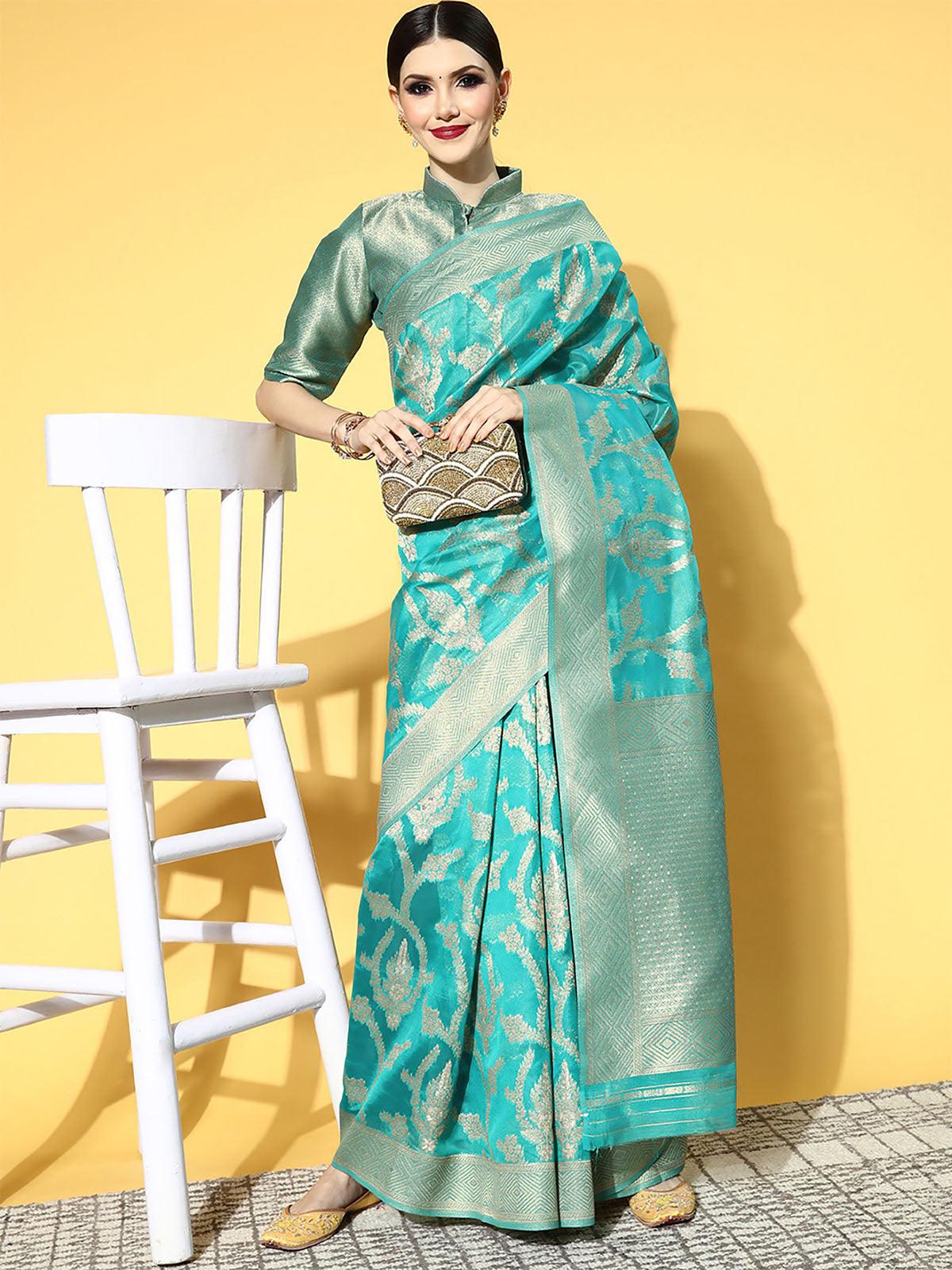 Organza Turquoise Woven Designer Saree With Blouse Piece - Odette