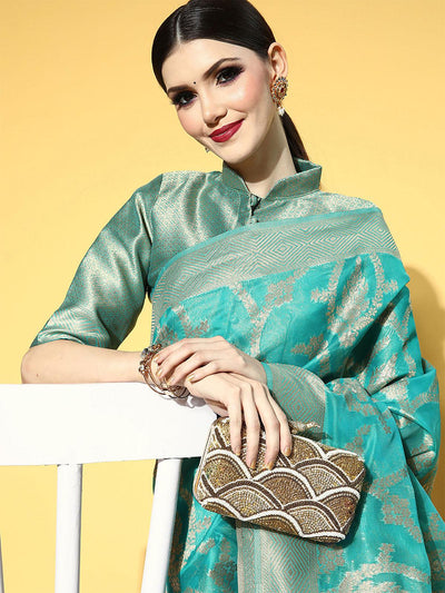 Organza Turquoise Woven Designer Saree With Blouse Piece - Odette