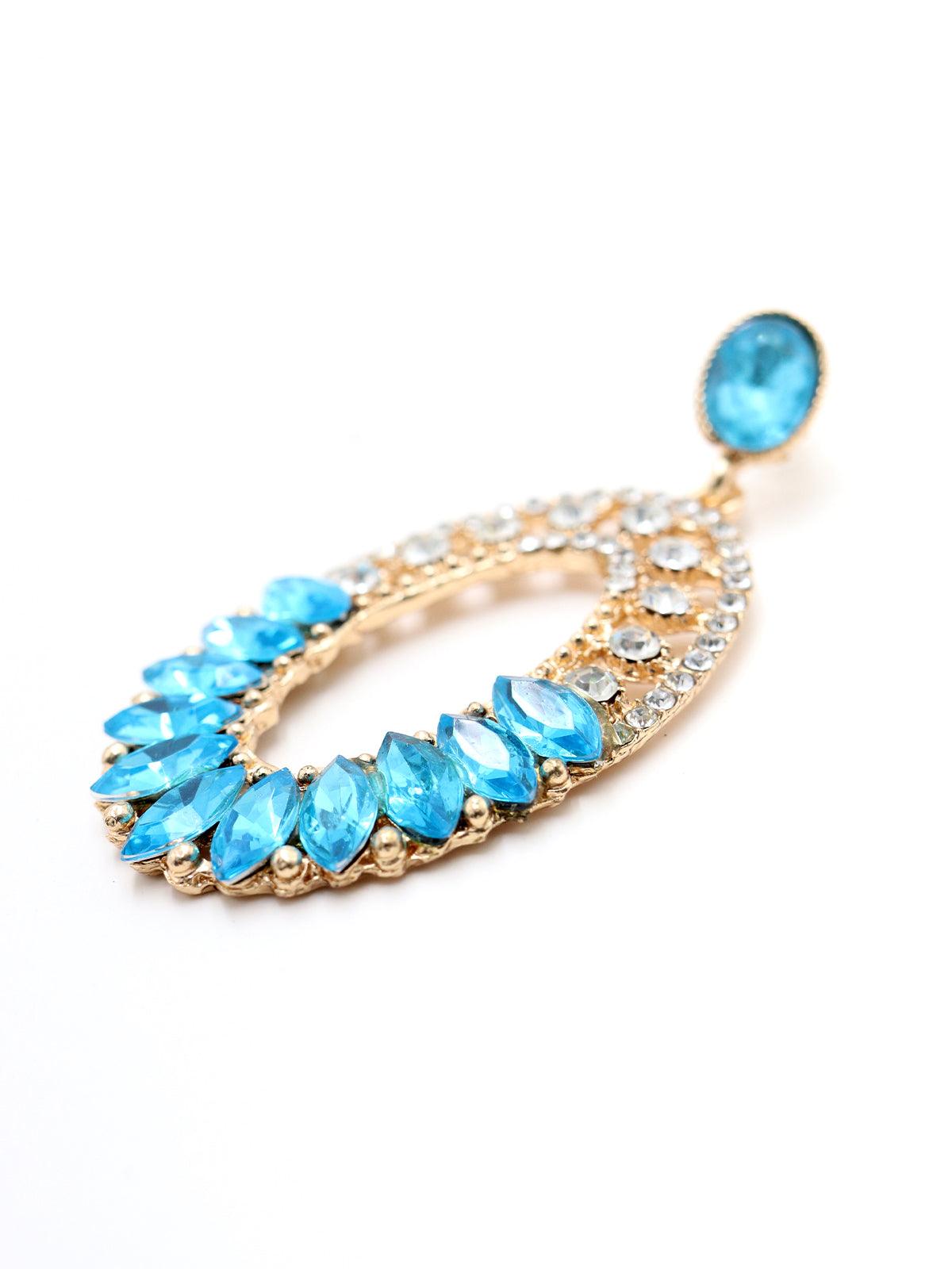 Oval Shape Clear & Sea Blue Dangle Earrings - Odette