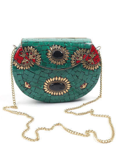 Oval Shape Metal Green Tinted Ethnic Clutch - Odette