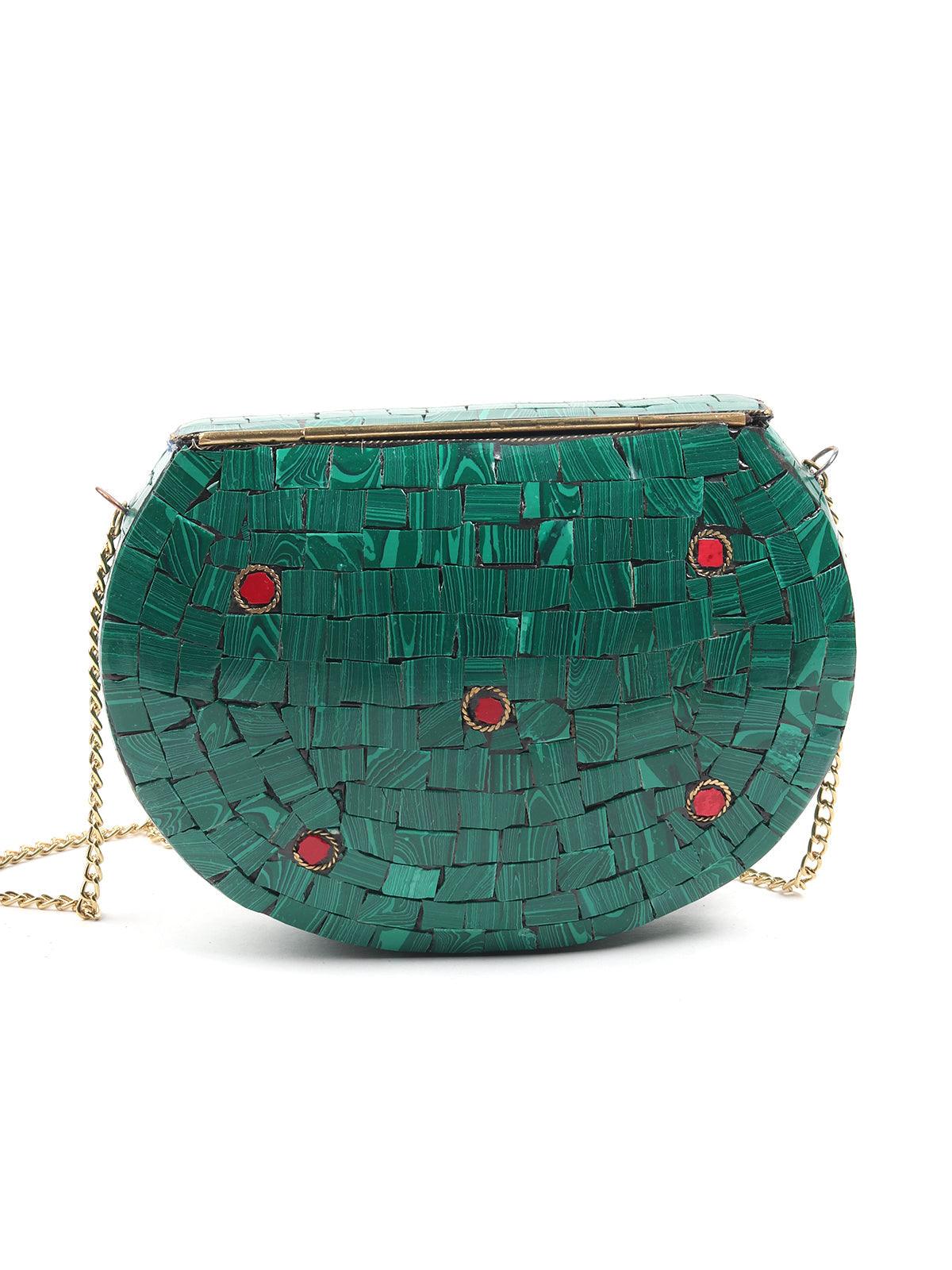 Oval Shape Metal Green Tinted Ethnic Clutch - Odette