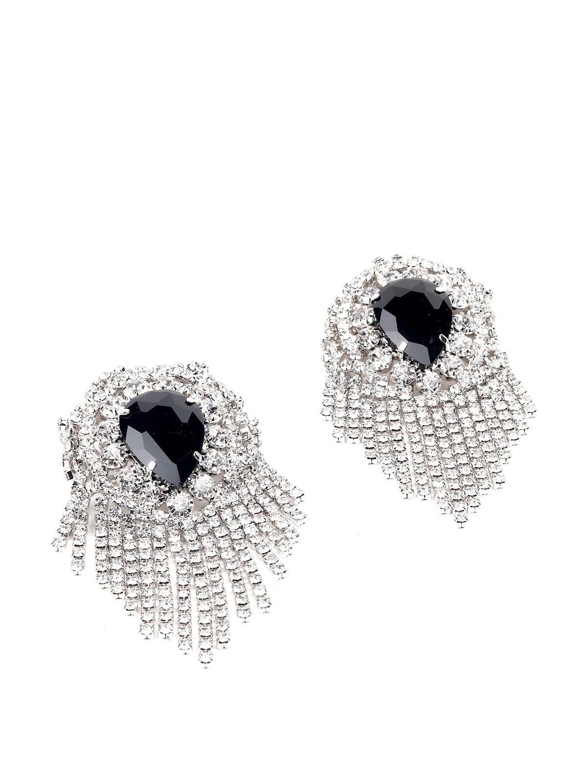 Overflowing Tassel Crystal Earring With A Black Gemstone. - Odette