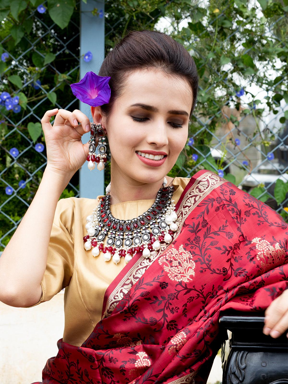 Oxidised Red Beaded Necklace With Earrings. - Odette