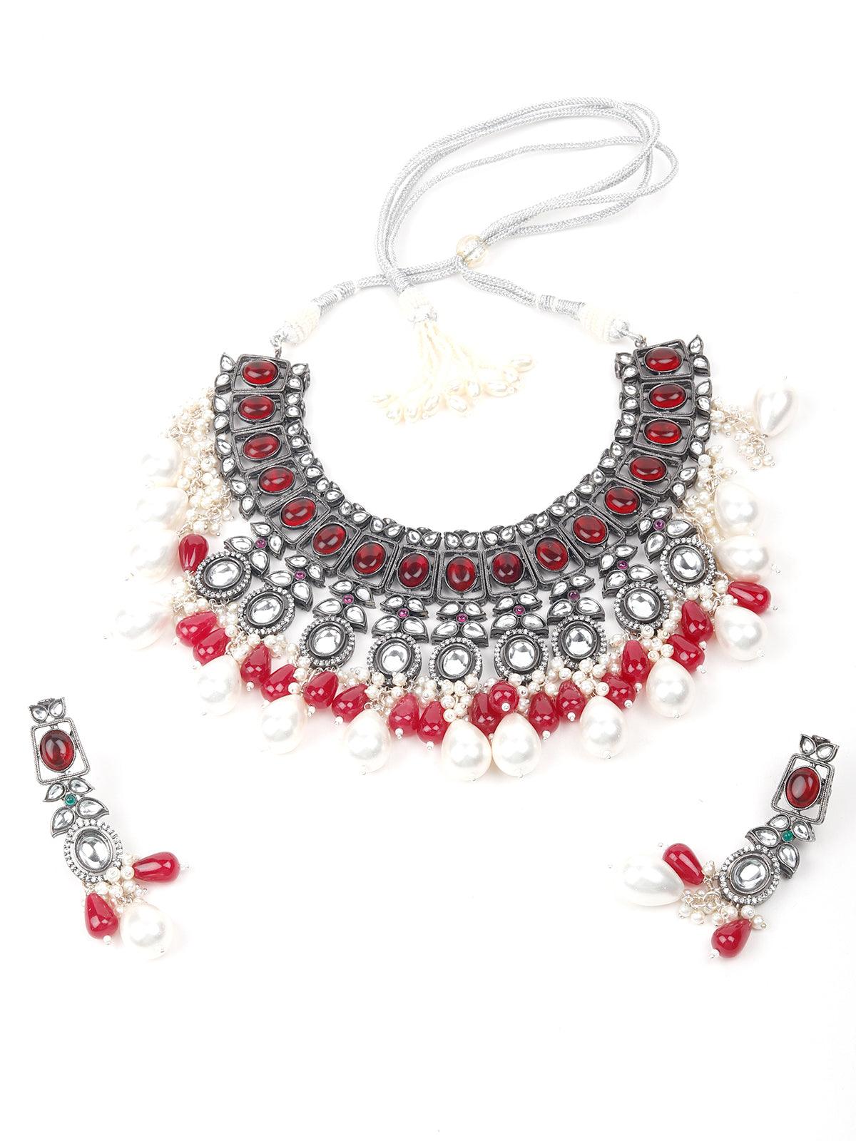 Oxidised Red Beaded Necklace With Earrings. - Odette