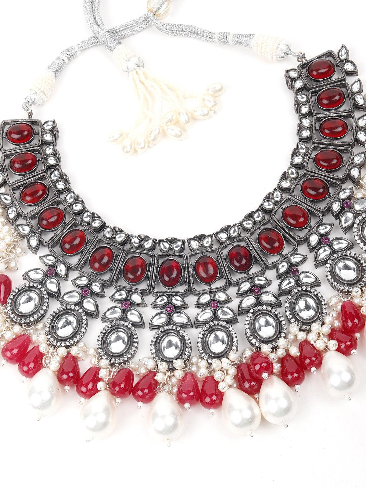 Oxidised Red Beaded Necklace With Earrings. - Odette