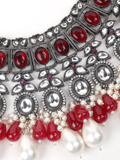 Oxidised Red Beaded Necklace With Earrings. - Odette