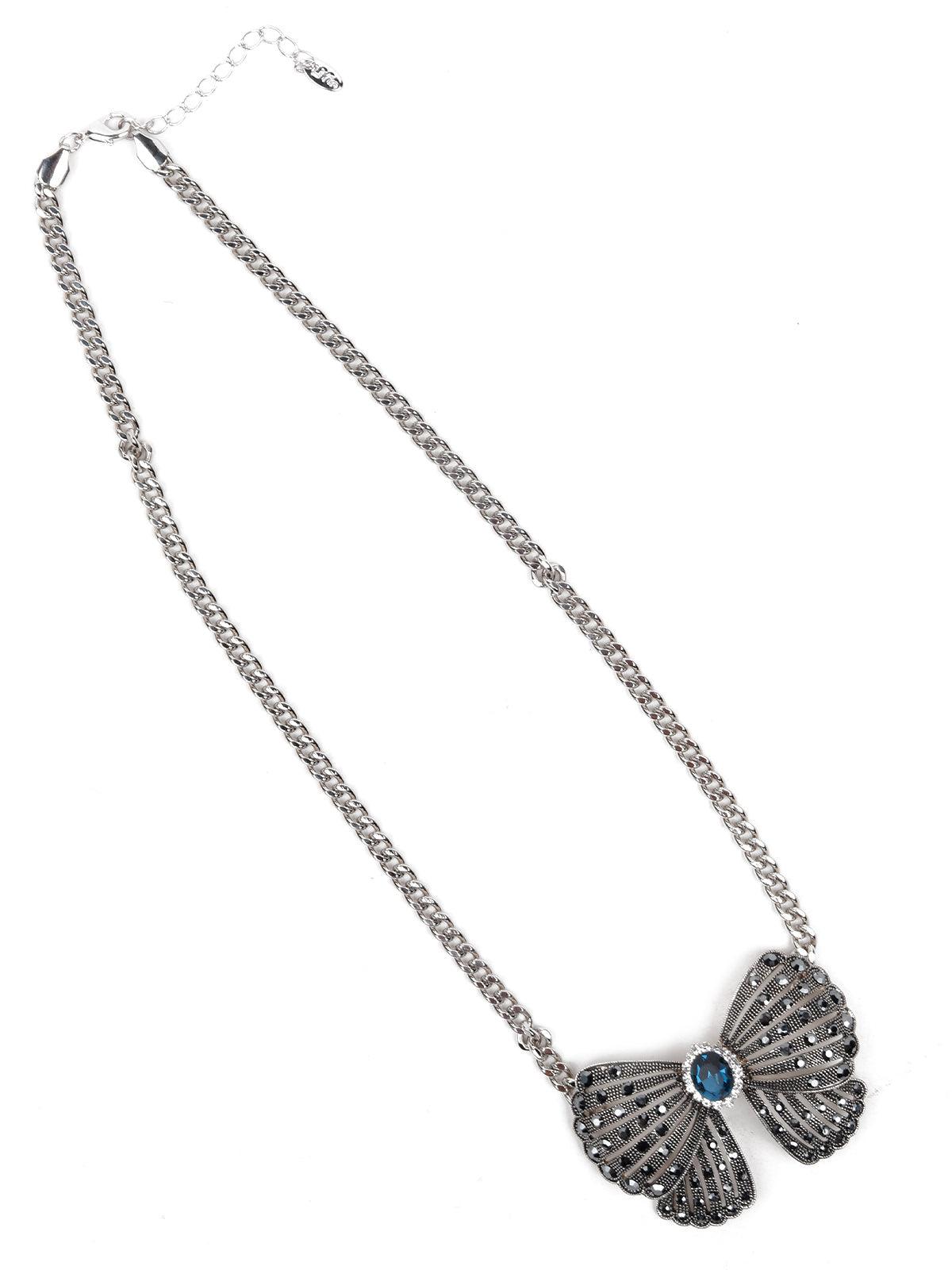 Oxidised silver-studded beautiful bow necklace - Odette