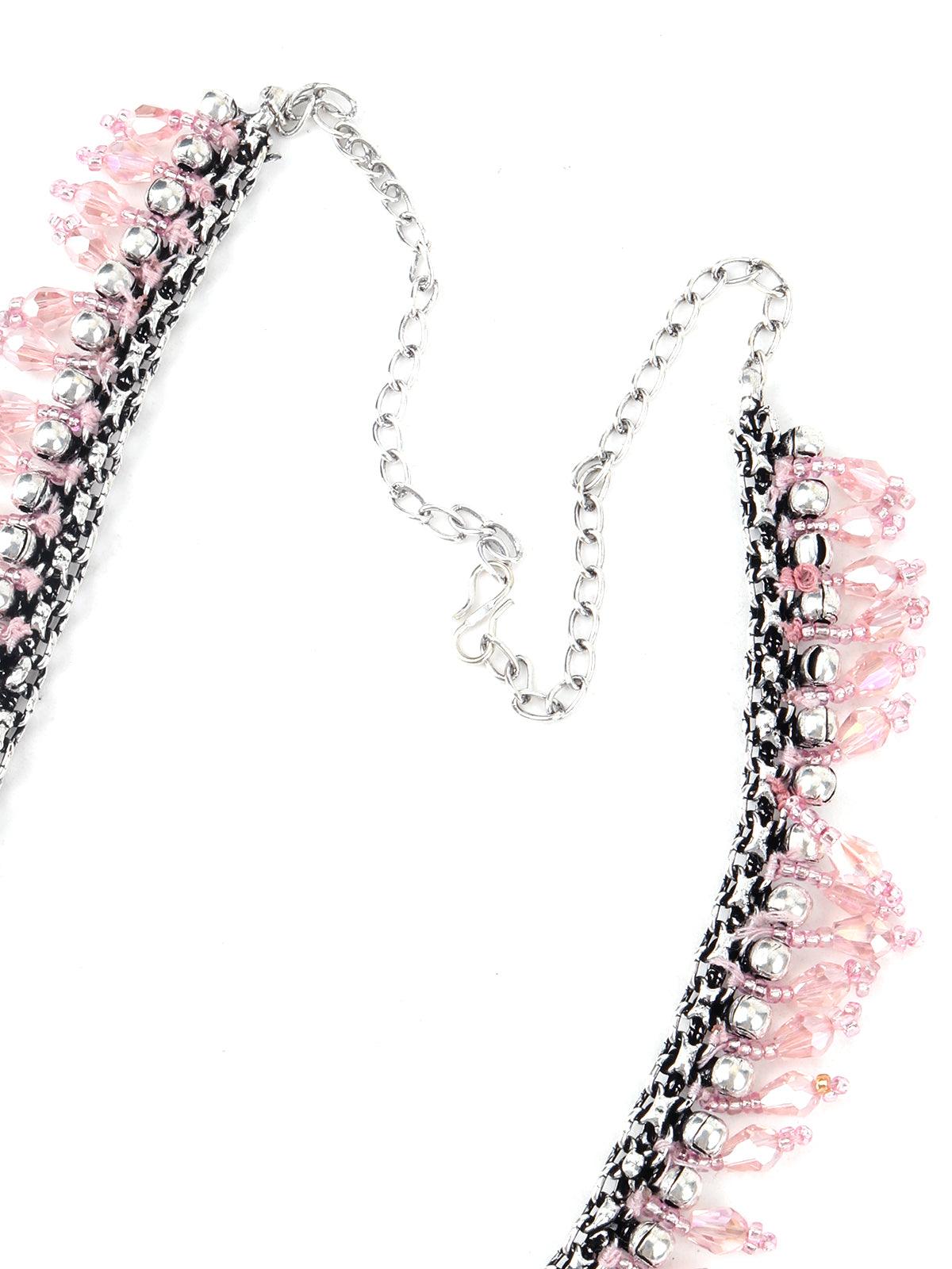 Oxidized Silver and Pink Rhinestones Necklace - Odette