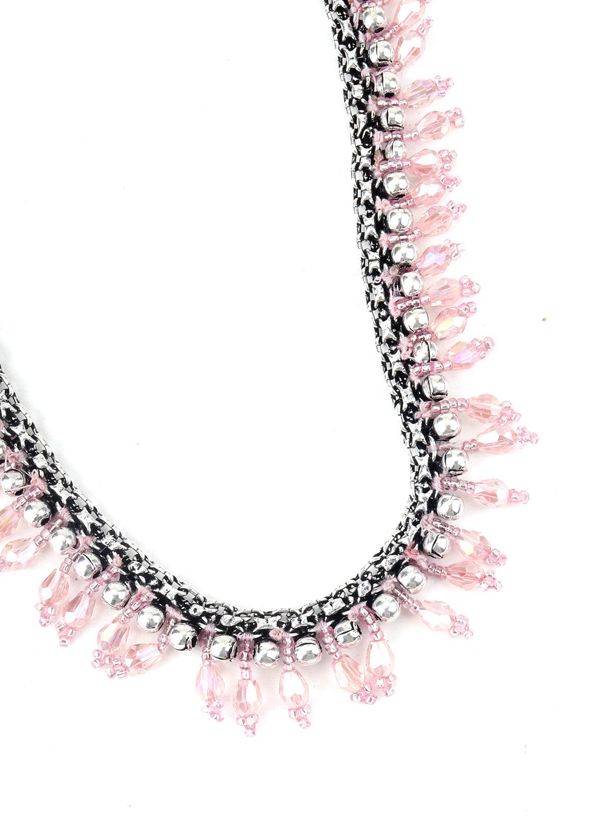 Oxidized Silver and Pink Rhinestones Necklace - Odette