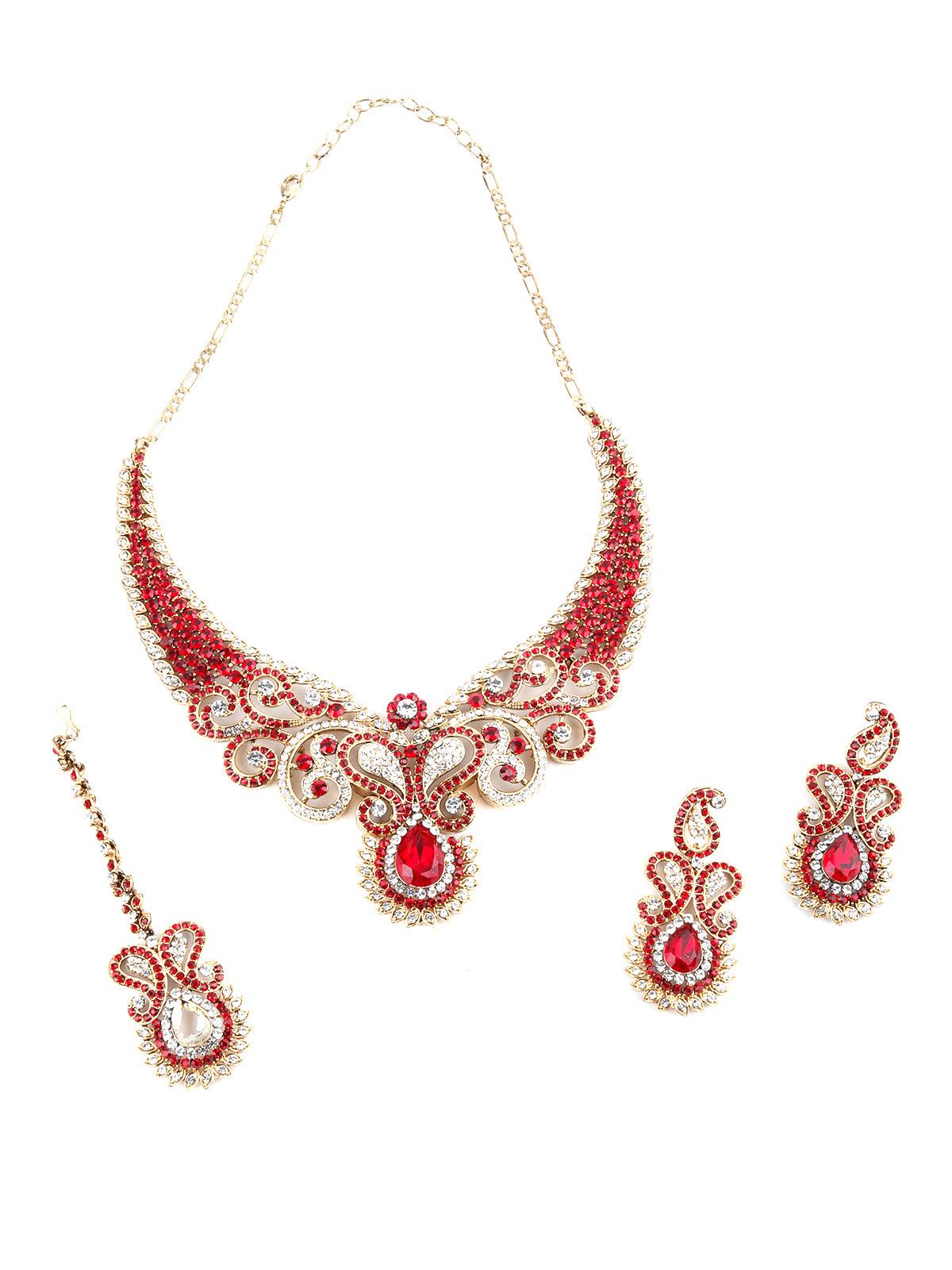 Paisley Red And White Embellished Necklace Set - Odette