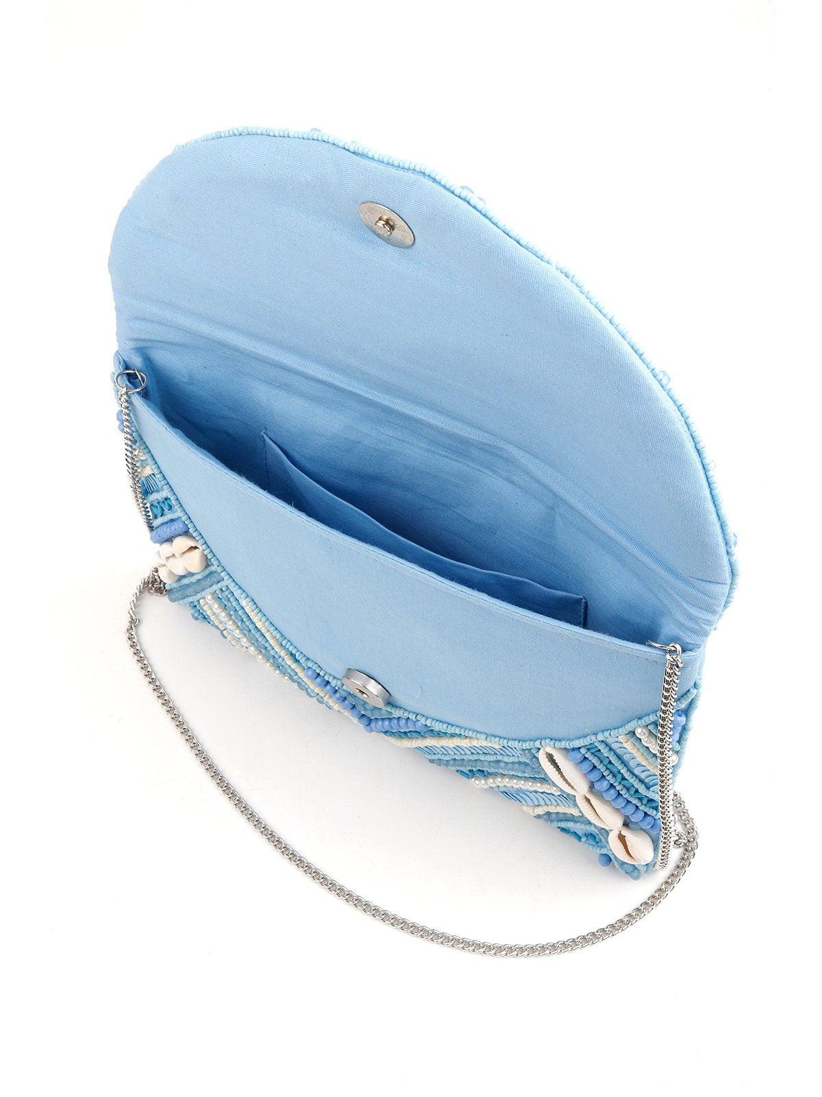Pastel Blue Sea Shell & Beadwork Sling Bag - Odette