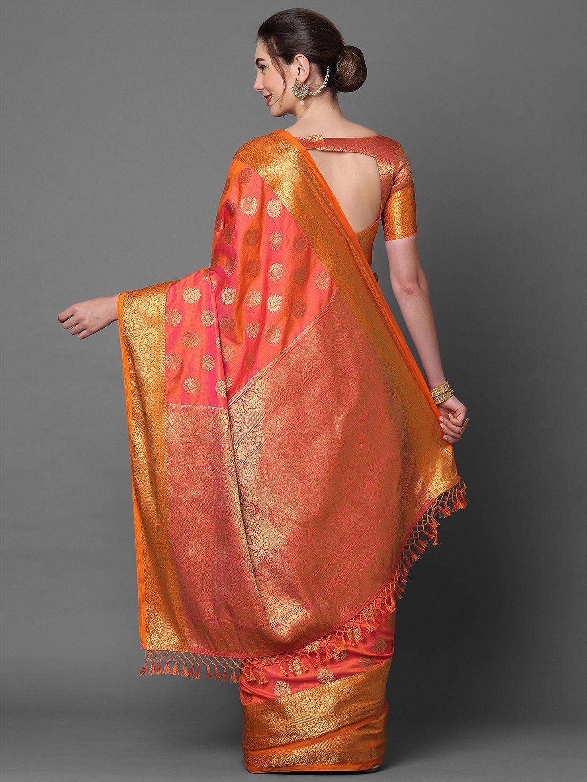 Peach & orange Party Wear Silk Blend Woven Design Saree With Unstitched Blouse - Odette