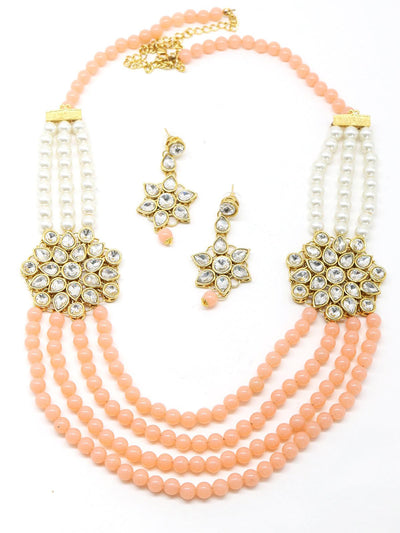 Peach and regular faux pearl necklace with earrings - Odette