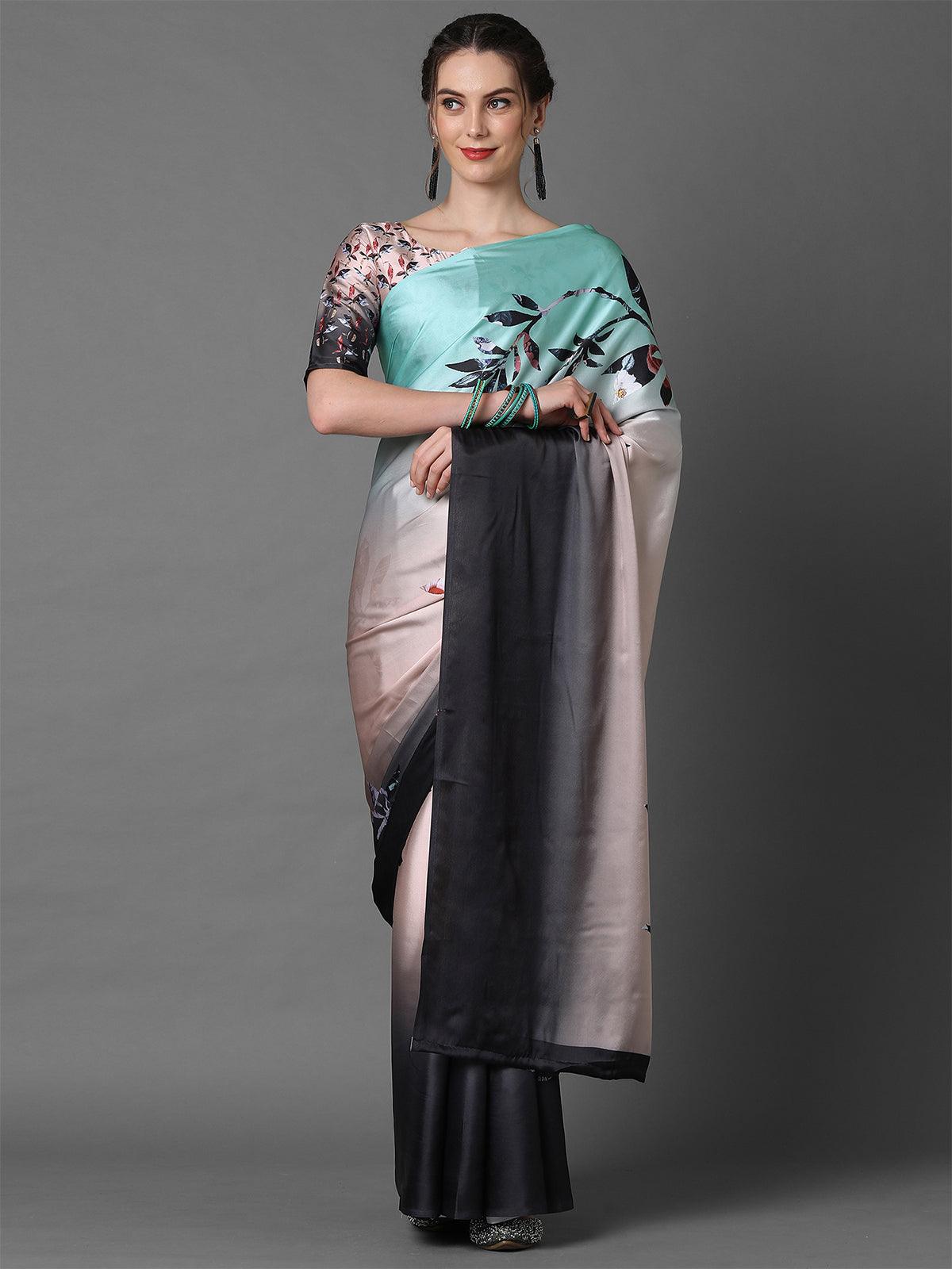 Peach & Sea Green Casual Crepe Printed Saree With Unstitched Blouse - Odette