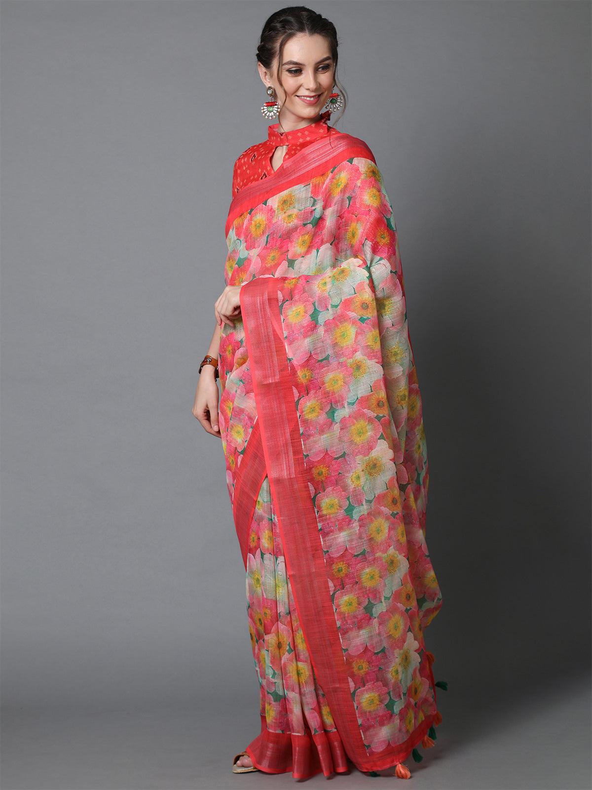 Peach Casual Linen Printed Saree With Unstitched Blouse - Odette