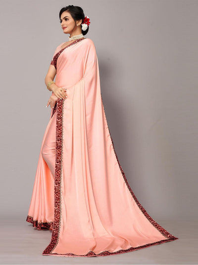Peach Chiffion Printed Border Saree With Matching Blouse. - Odette