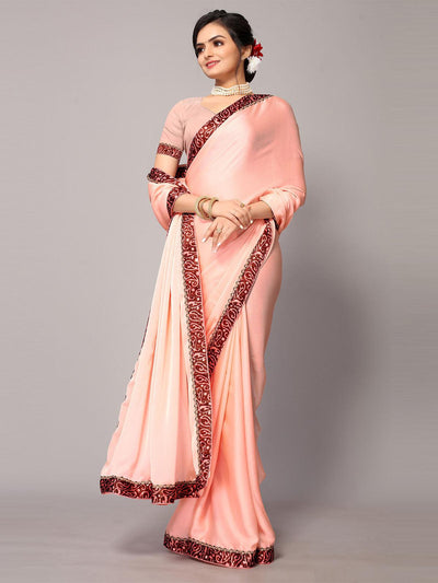 Peach Chiffion Printed Border Saree With Matching Blouse. - Odette