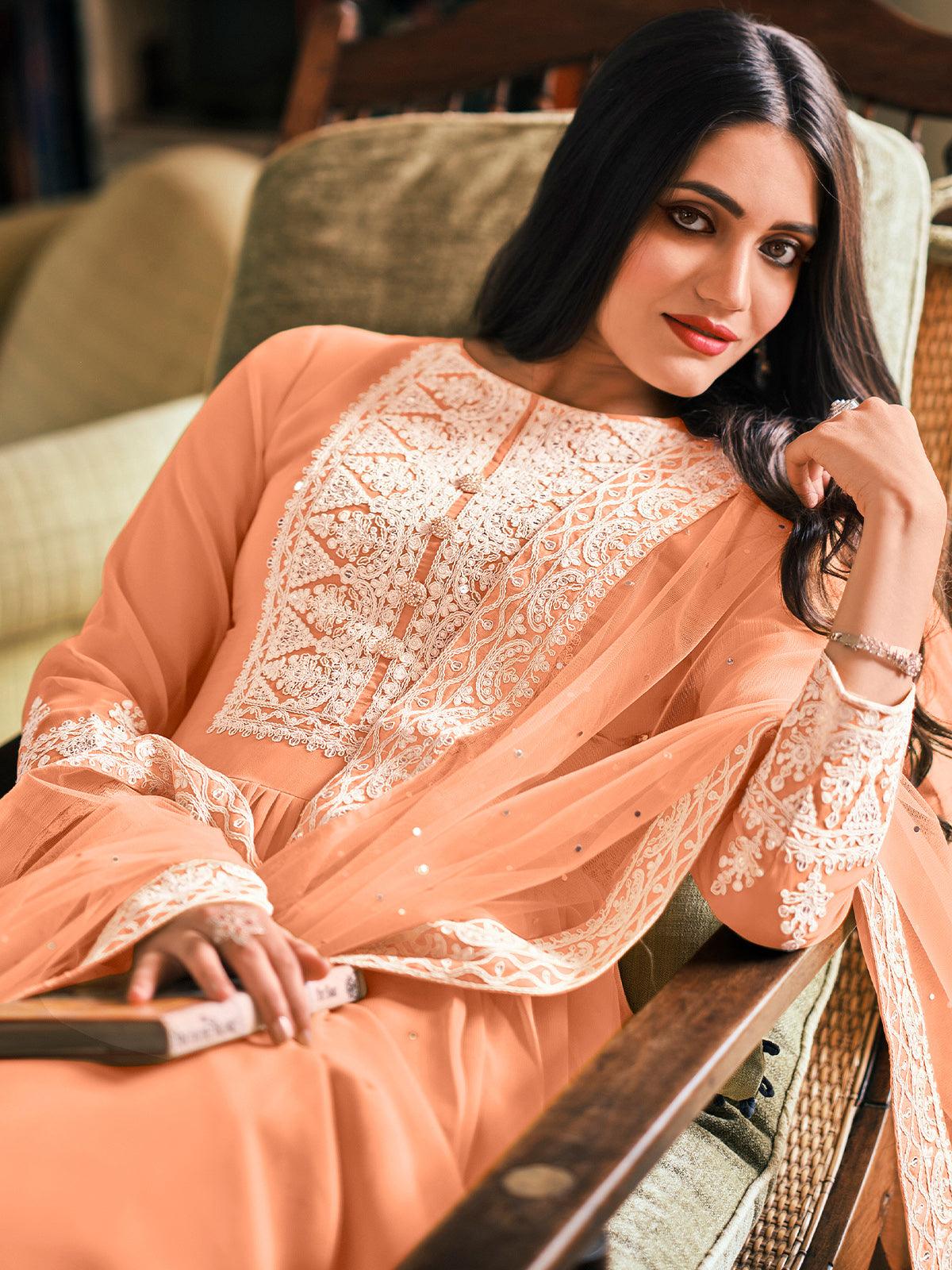 Peach Color Party Wear Straight Long Suit :: ANOKHI FASHION