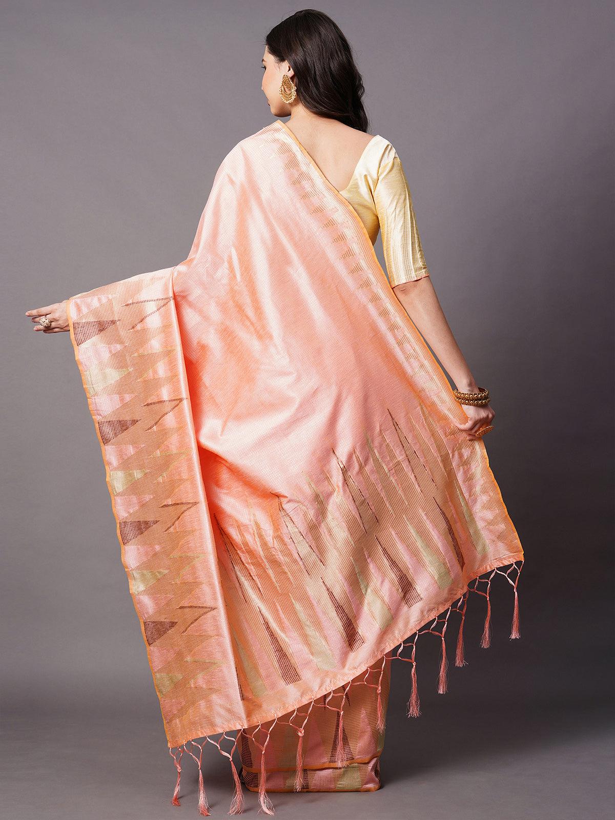 Peach Festive Cotton silk Woven Design Saree With Unstitched Blouse - Odette
