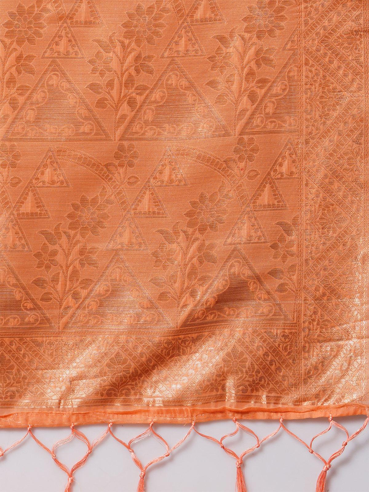 Peach Festive Cotton silk Woven Design Saree With Unstitched Blouse - Odette