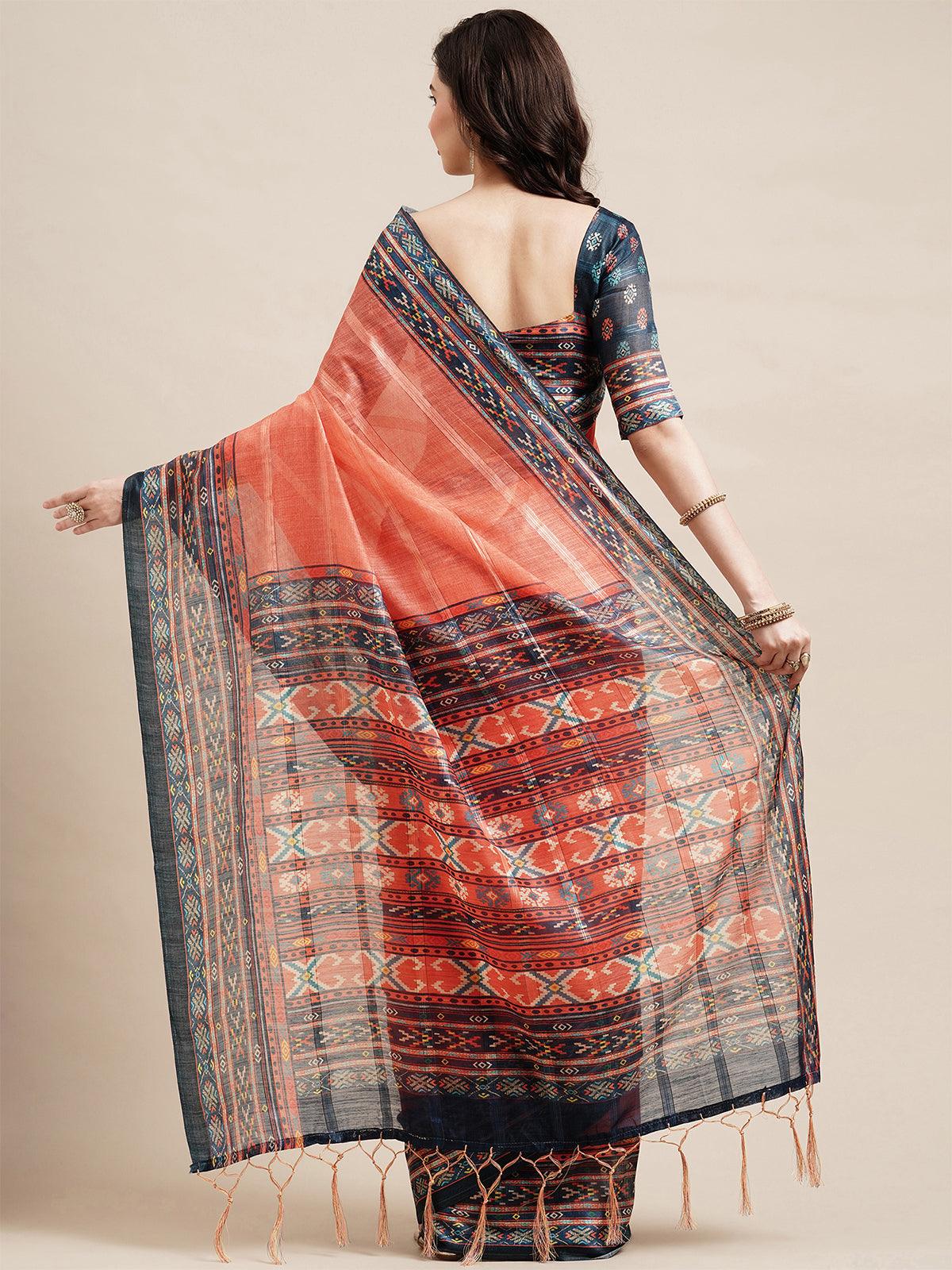 Peach Festive Linen Blend Printed Saree With Unstitched Blouse - Odette