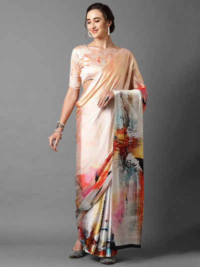 Peach Festive Satin Silk Printed Saree With Unstitched Blouse - Odette