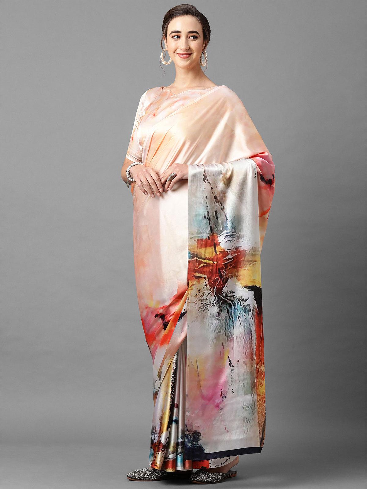 Peach Festive Satin Silk Printed Saree With Unstitched Blouse - Odette