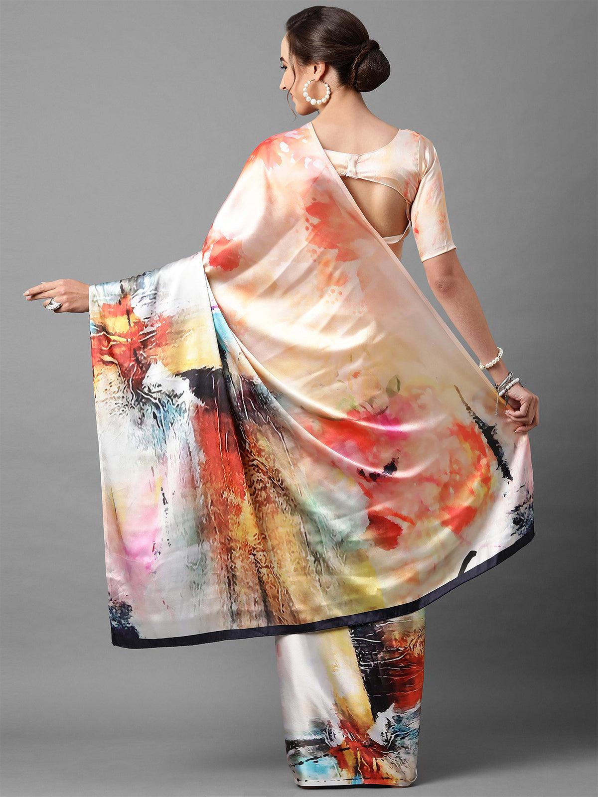 Peach Festive Satin Silk Printed Saree With Unstitched Blouse - Odette