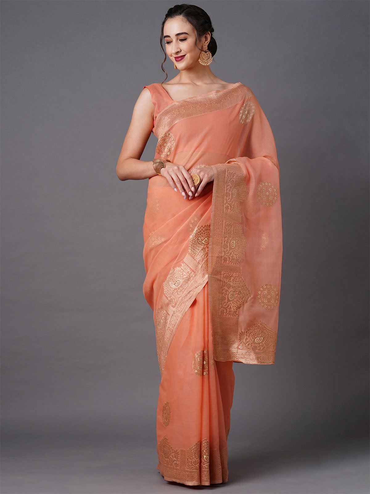 Peach Festive Silk Blend Woven Design Saree With Unstitched Blouse - Odette