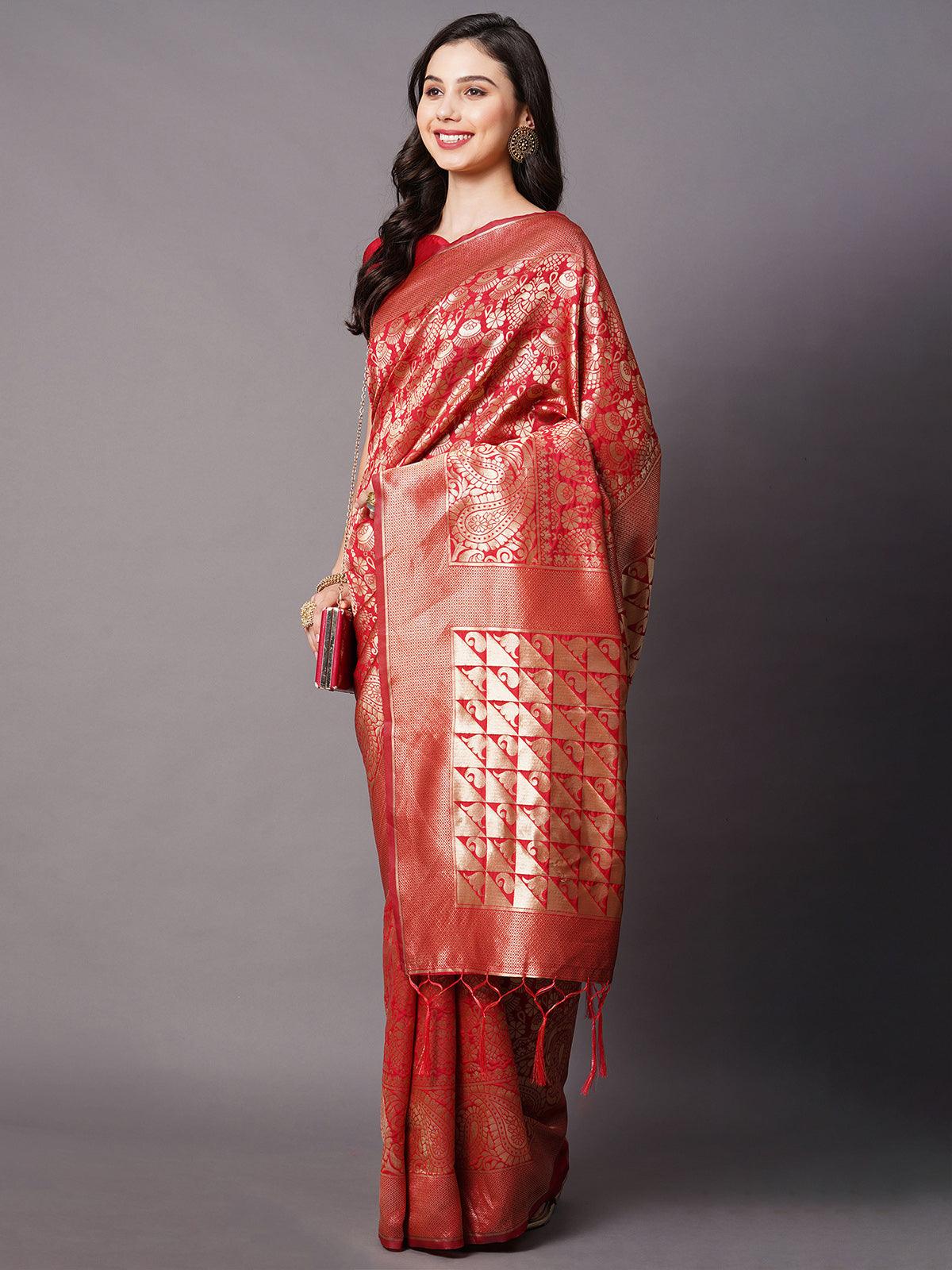 Peach Festive Silk Blend Woven Design Saree With Unstitched Blouse - Odette