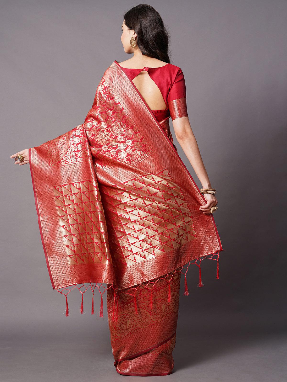 Peach Festive Silk Blend Woven Design Saree With Unstitched Blouse - Odette