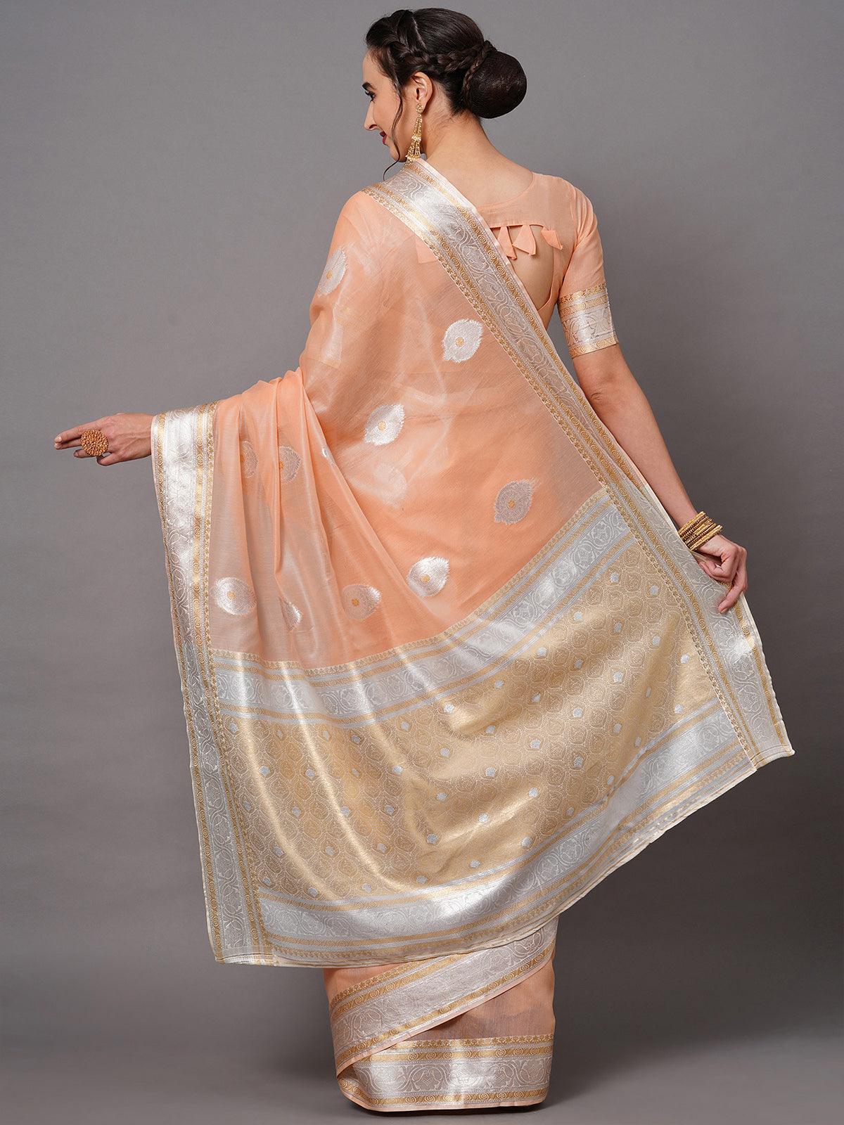 Peach Festive Silk Blend Woven Design Saree With Unstitched Blouse - Odette