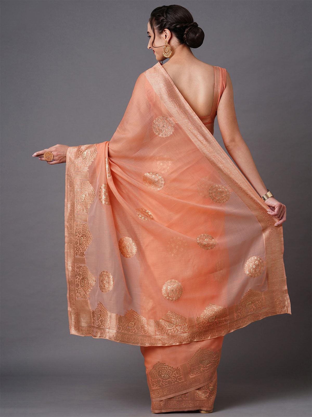 Peach Festive Silk Blend Woven Design Saree With Unstitched Blouse - Odette