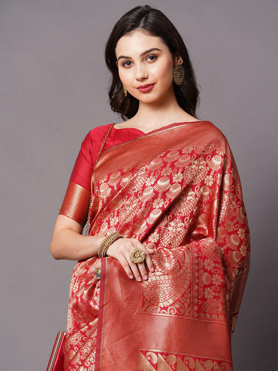 Peach Festive Silk Blend Woven Design Saree With Unstitched Blouse - Odette