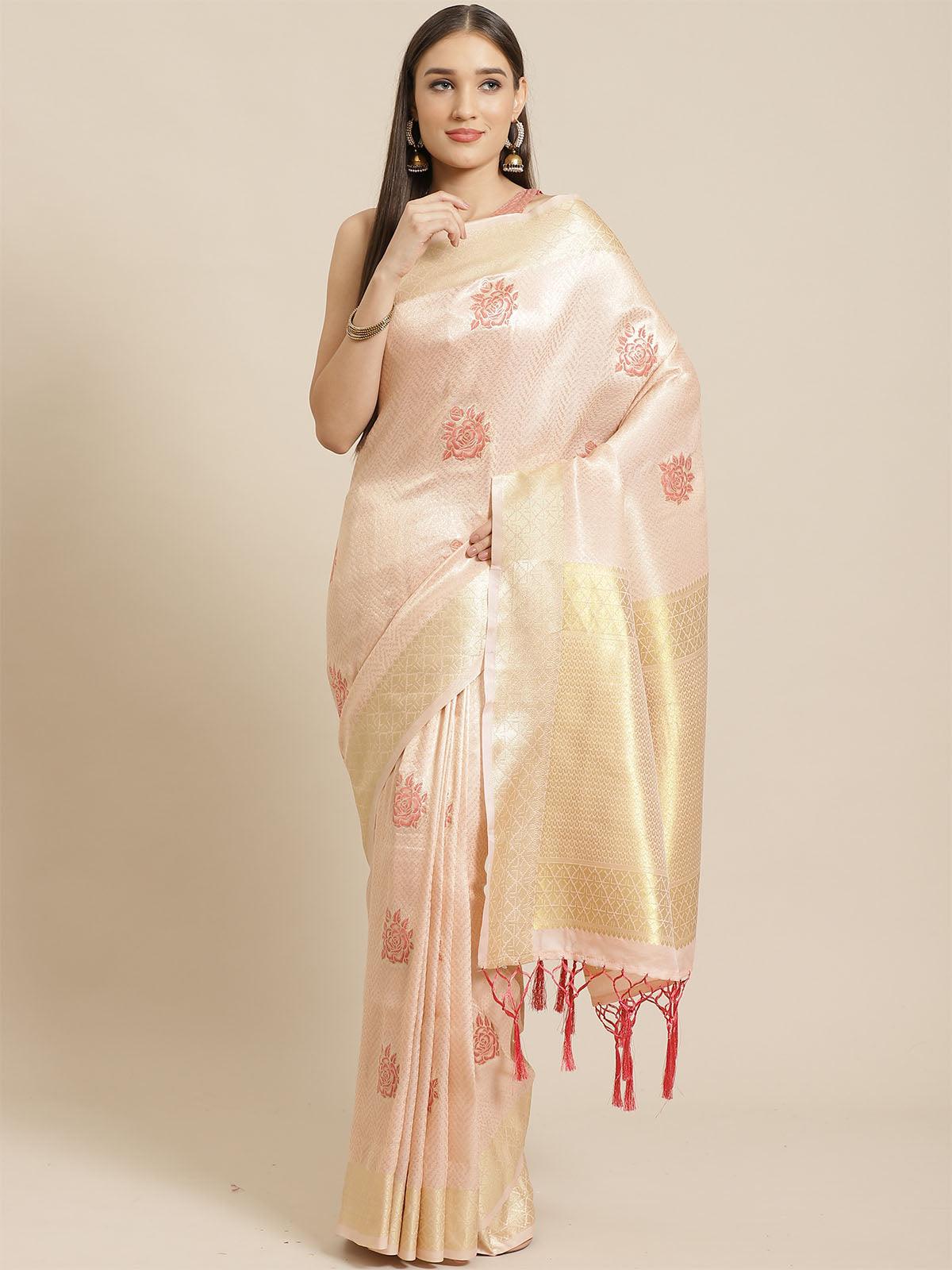 Peach Festive Silk Blend Woven Saree With Unstitched Blouse - Odette