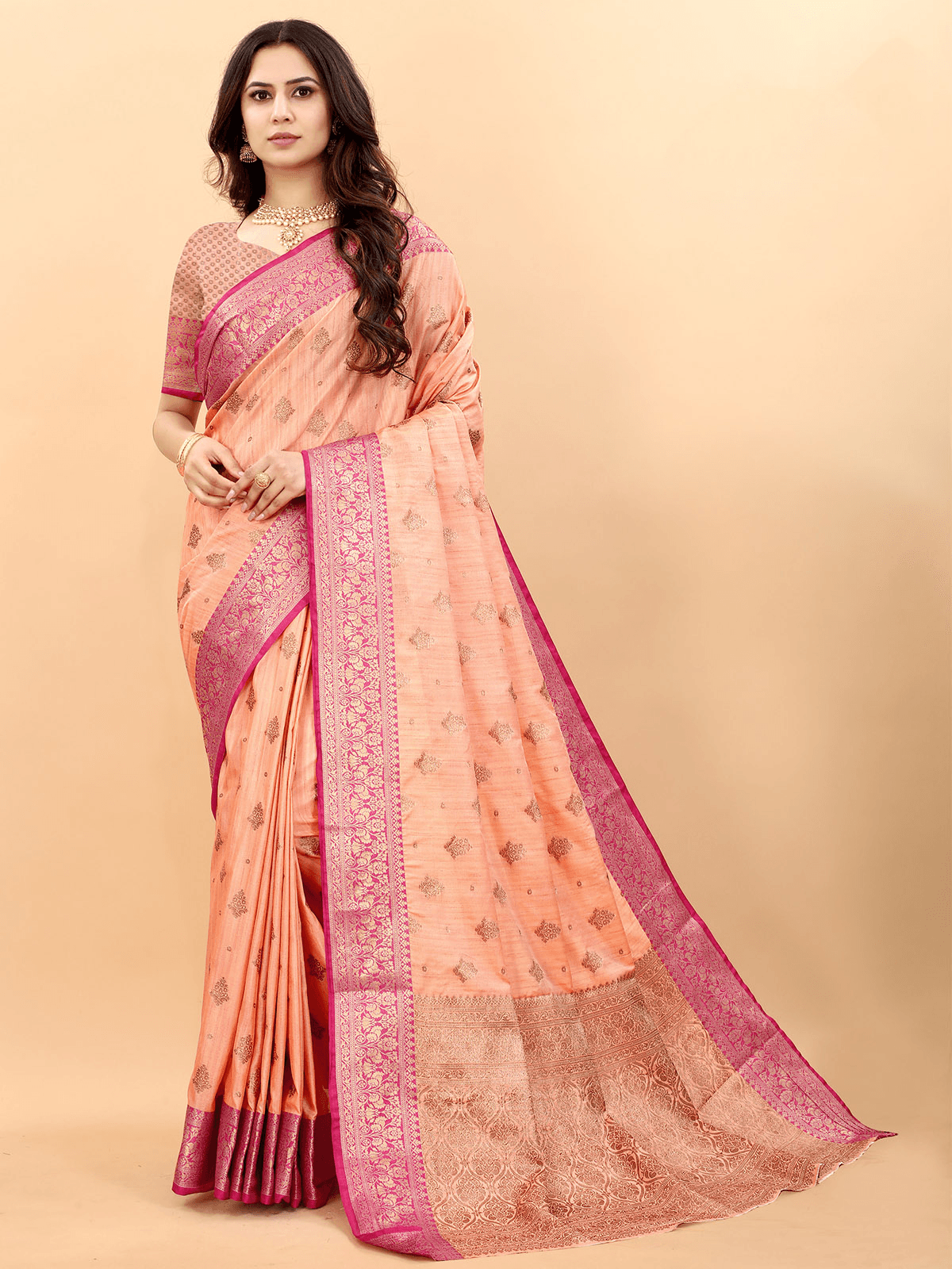 Peach Magic Slub Silk Heavy Jari Wevon Designer Saree - Odette