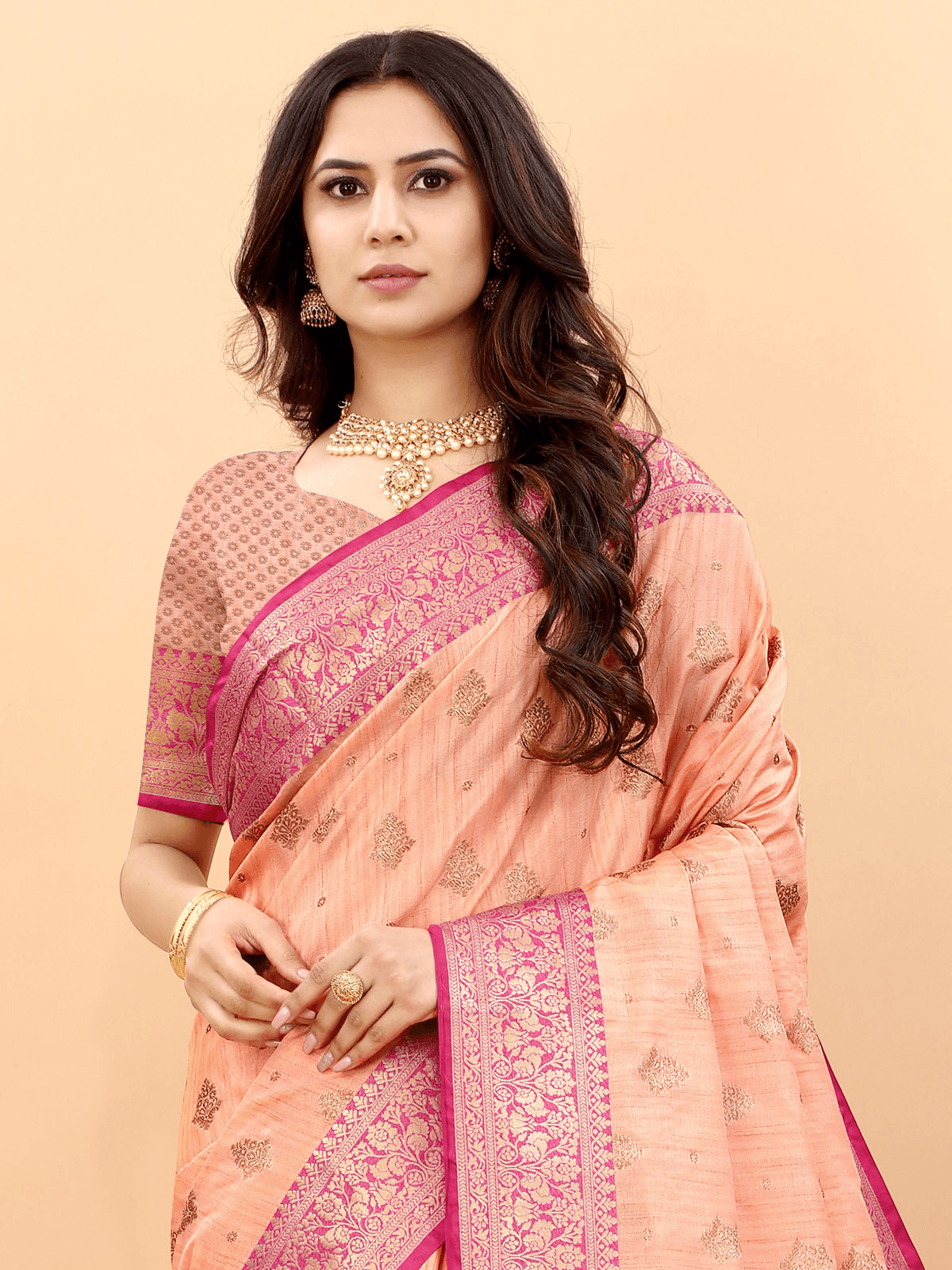 Peach Magic Slub Silk Heavy Jari Wevon Designer Saree - Odette