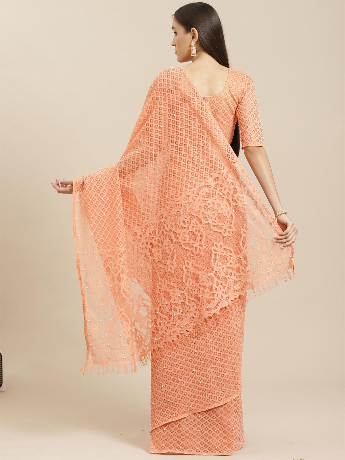 Peach Party Wear Net(Super Net) Solid Saree With Unstitched Blouse - Odette