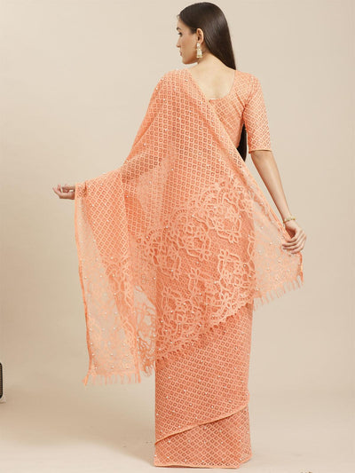 Peach Party Wear Net(Super Net) Solid Saree With Unstitched Blouse - Odette