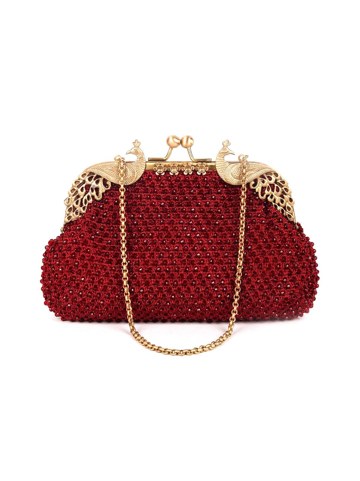 Peacock curved shinny maroon clutch/purse - Odette